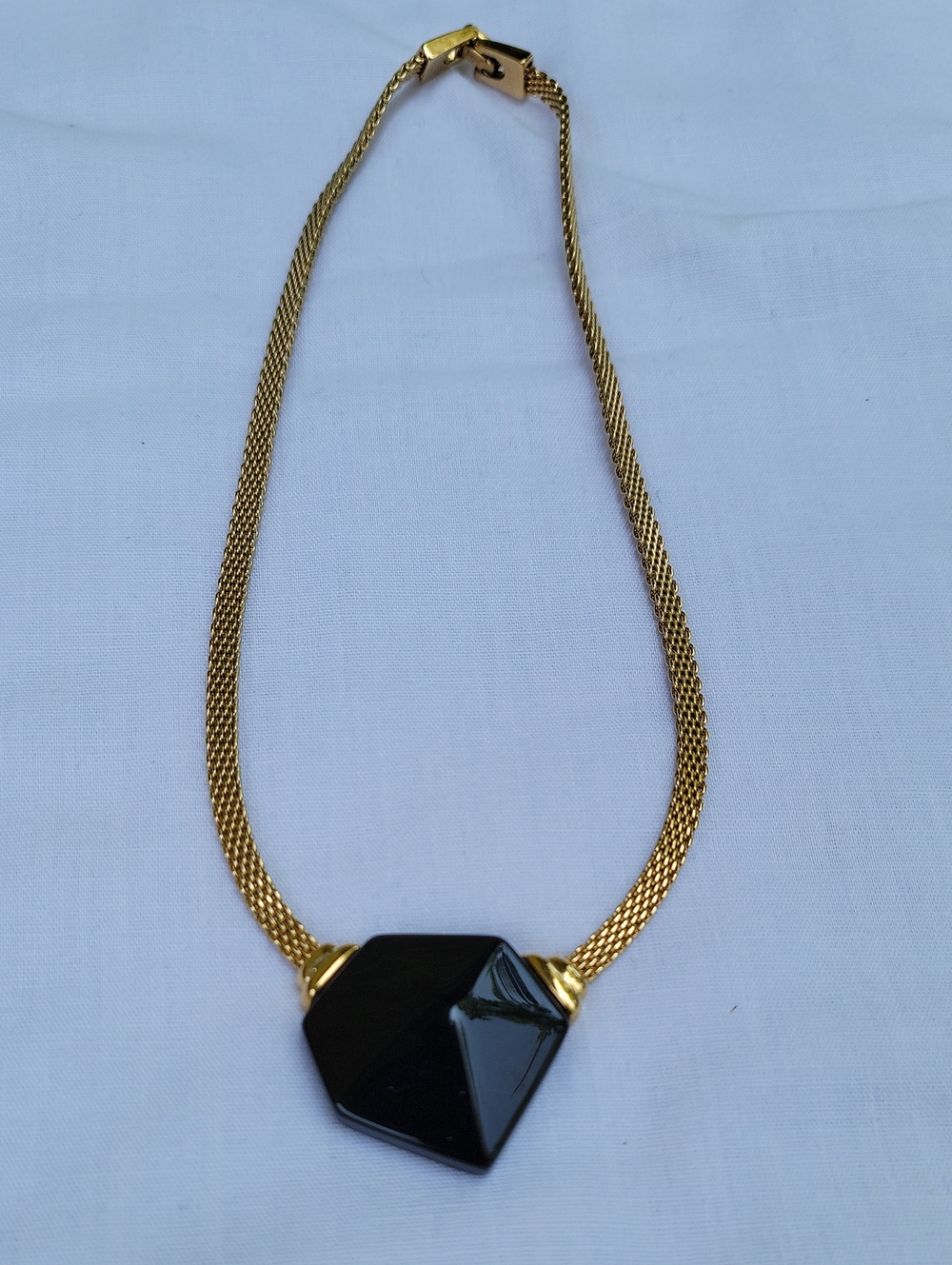 Vintage TRIFARI Gold-Tone Mesh Necklace with Black Geometric Pendant Lucite